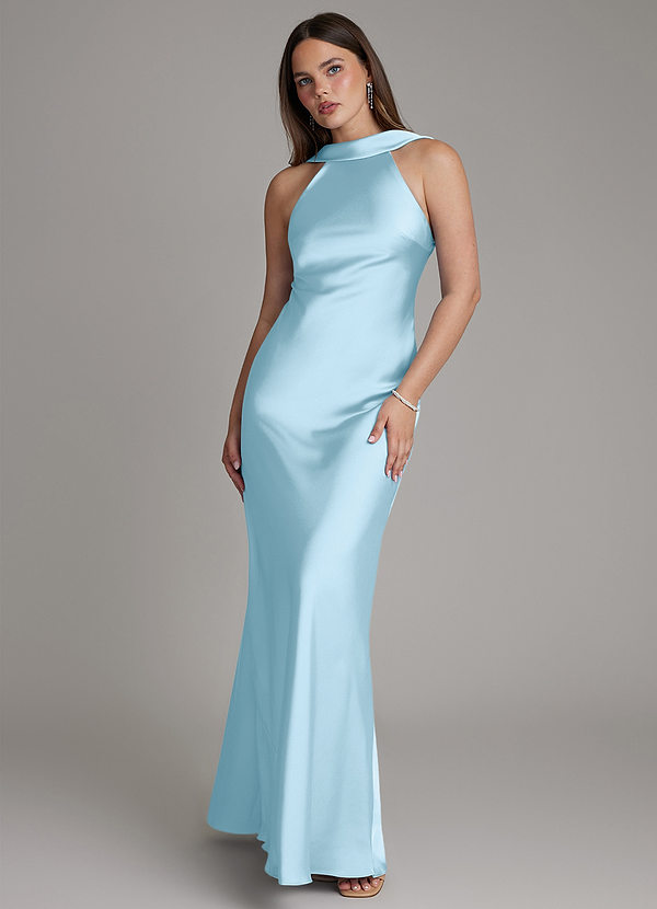 Azazie Dimitra Bridesmaid Dresses Sky Blue A-Line Pleated Stretch Satin Dress image1