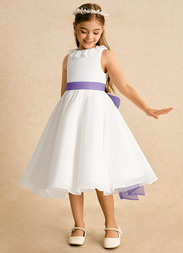 Azazie Dani Vestidos de Niña de Flores Vestido de Marfil Tahití de Gasa de Corte en A con Lazo image1