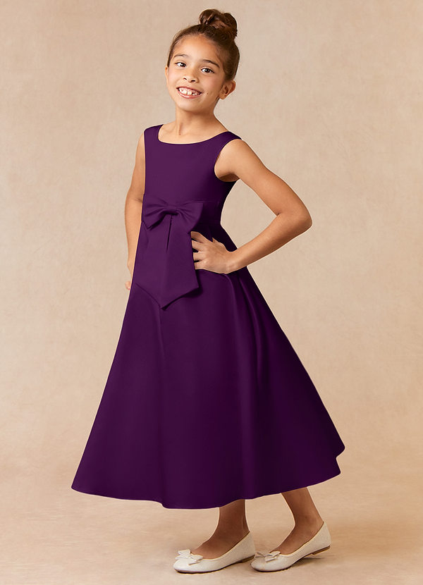 Azazie Lindy Flower Girl Dresses Grape A-Line Pleated Matte Satin Dress image1