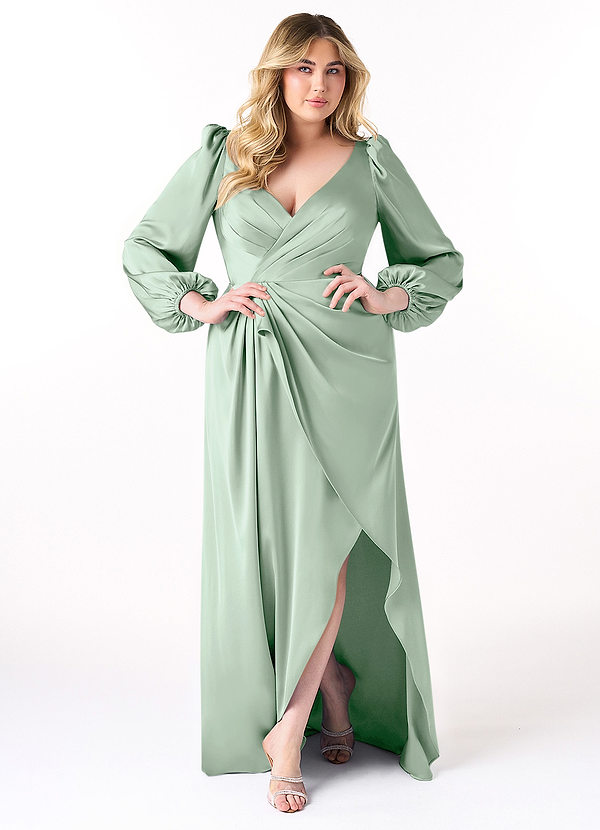 Azazie Mel Bridesmaid Dresses Agave Sheath Long Sleeve Stretch Satin Dress image1