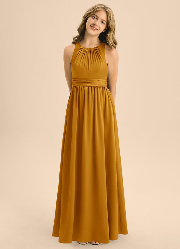 Azazie Jaylah Junior Butterscotch A-Line Pleated Stretch Satin Dress image1