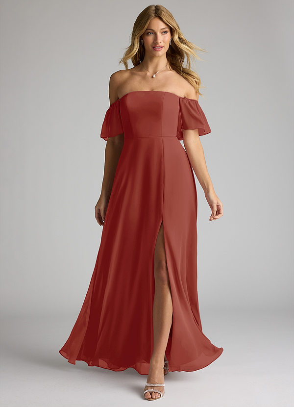 Azazie Sue Bridesmaid Dresses Terracotta Flowy Off the Shoulder Chiffon Dress image1