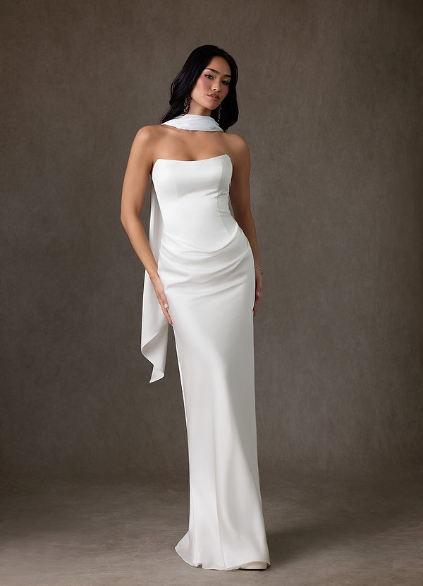 Azazie Samantha Wedding Dresses Diamond White Sheath Strapless Stretch Satin Dress image1