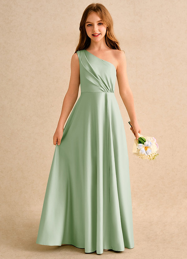 Azazie Puddles Junior Formal Bloemenmeisjes Jurken A-Lijn Jurk van Mat Satijn One-Shoulder Stoffige Salie image1