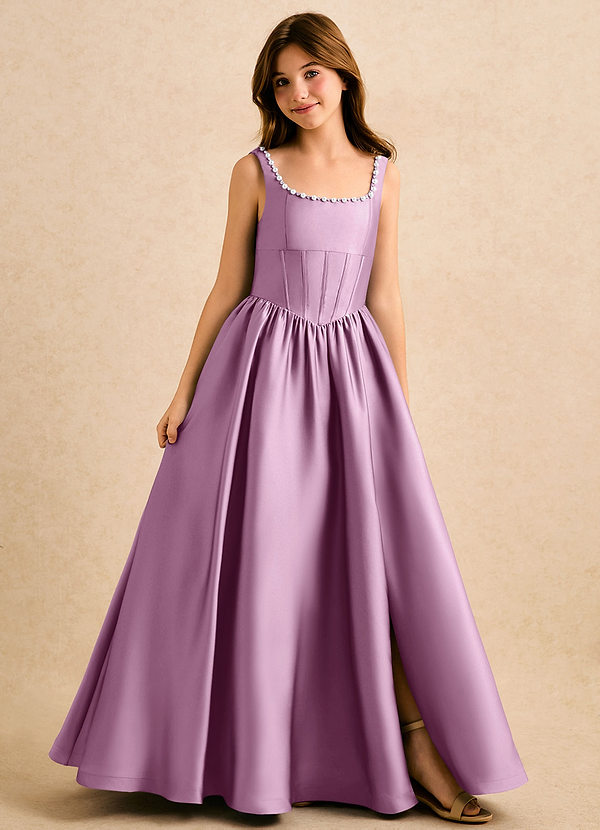 Azazie Enid Girls Formal Sukienki dla dziewczynek sypiących kwiaty Linia A Zroszony Satyna elastyczna Długość podłogi Sukienka image1