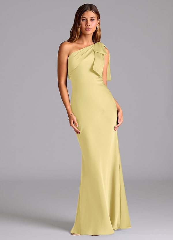 Azazie Yuanna Bridesmaid Dresses Lemon Sorbet Mermaid One Shoulder Stretch Satin Dress image1
