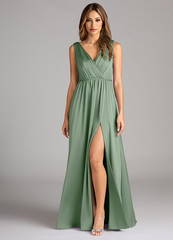 Azazie Tanicia Brautjungfernkleider A-Linie Plissee Stretch-Satin Kleid Matcha image1