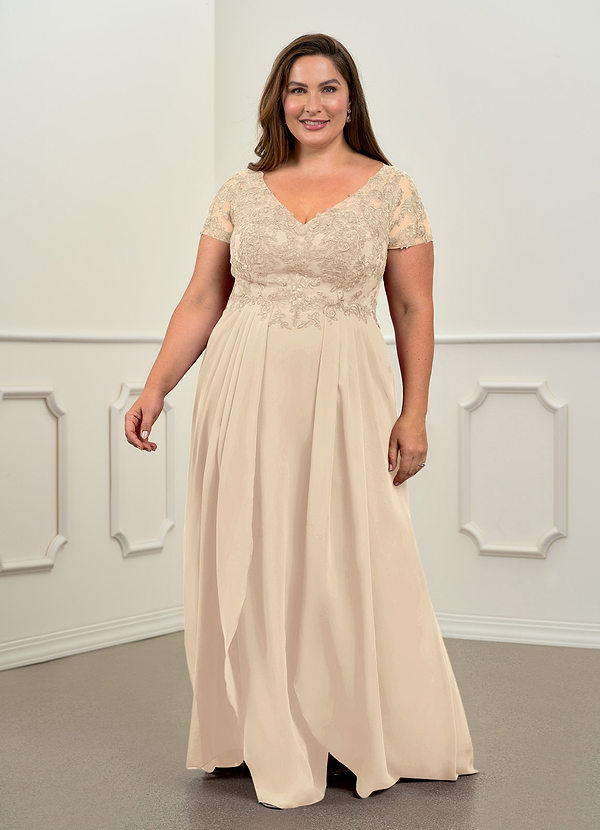 Azazie Dunja Mother of the Brides Dresses Champagne A-Line V-Neck Lace Chiffon Dress image1