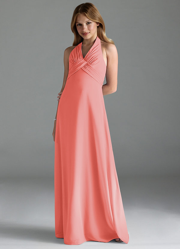 Azazie Tessie Junior Coral A-Line Pleated Chiffon Dress image1
