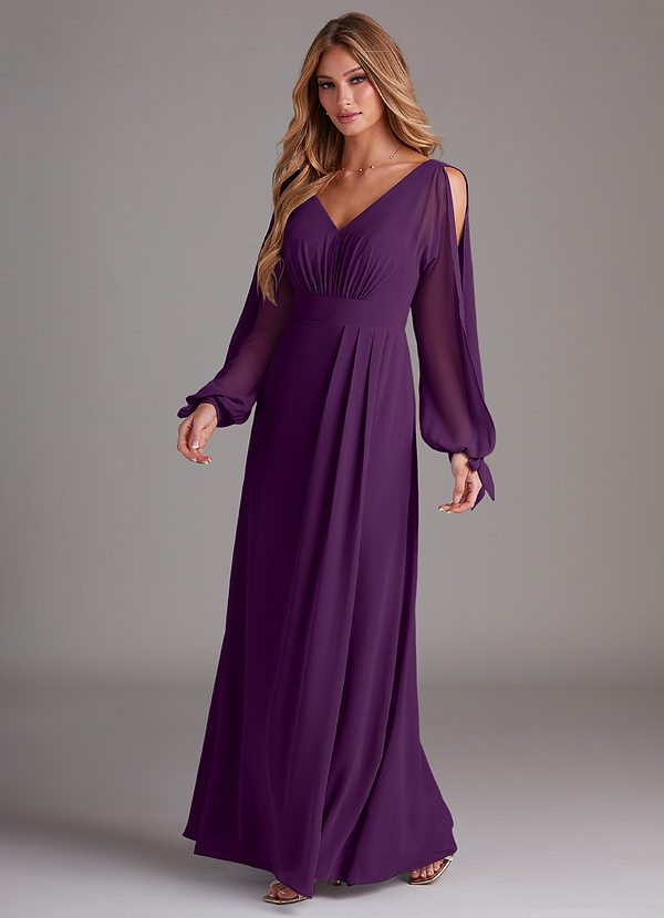 Azazie Matilda Bridesmaid Dresses Grape A-Line Long Sleeve Chiffon Dress image1