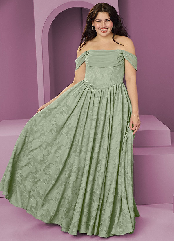 Barbie ♥ Azazie Brautjungfernkleider Wandelbar A-Linie Schulterfrei Blumen-Burnout Kleid Staubiger Salbeigrün image1
