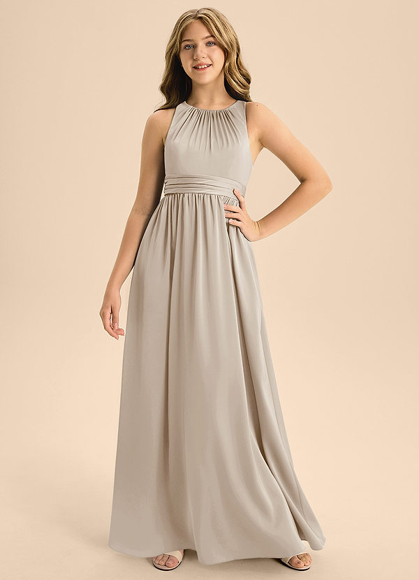 Azazie Jaylah Junior Frost A-Line Pleated Stretch Satin Dress image1