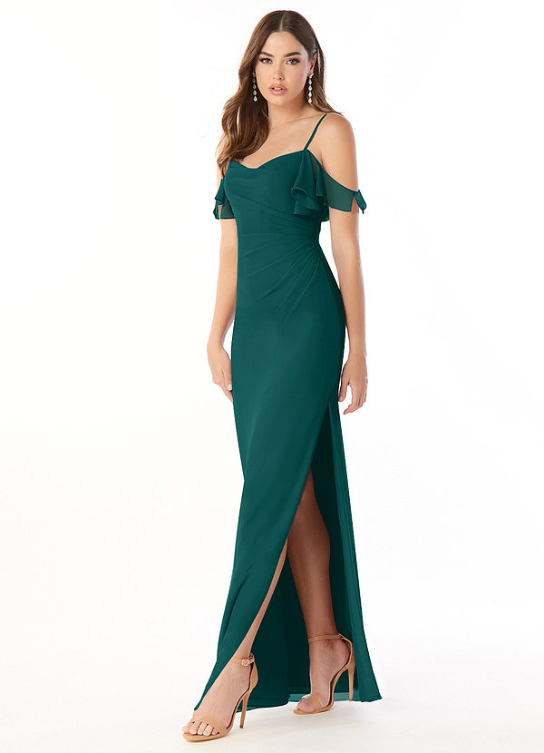 Azazie Emeralda Bridesmaid Dresses Peacock Sheath Off the Shoulder Chiffon Dress image1