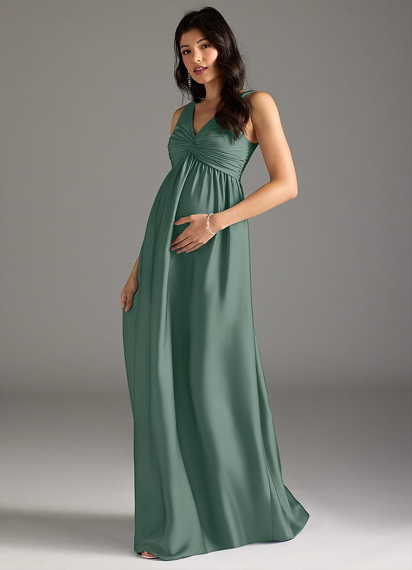 Azazie Yetta Maternity Bridesmaid Dresses A-Line Pleated Stretch Satin Floor-Length Dress image1