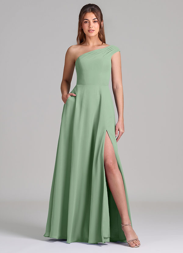 Azazie Melanie 신부 들러리 드레스 A라인 오프 더 숄더 쉬폰 바닥 길이 드레스 image1