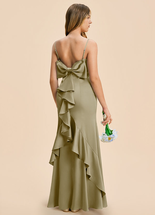 Lioren Junior Moss Green Sheath Bow Stretch Satin Dress image1