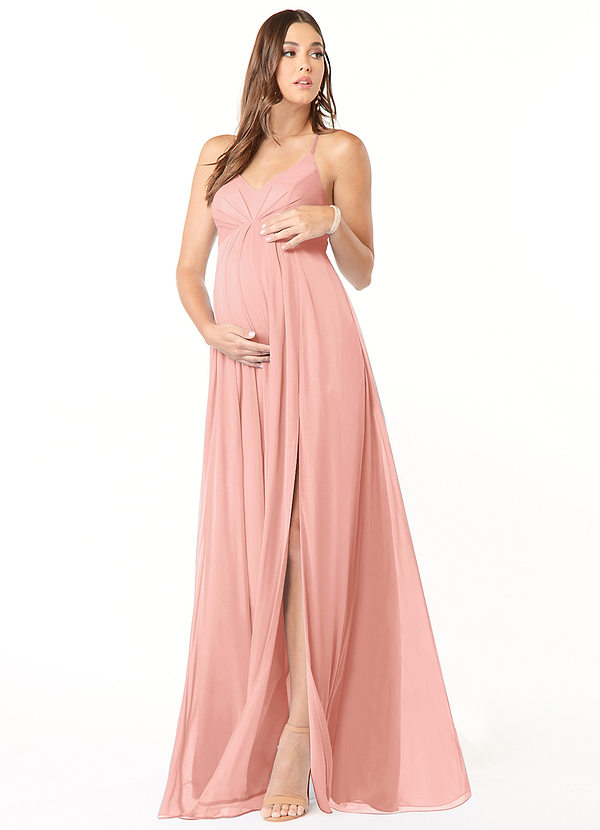 Azazie Annabelle Vestidos de dama de honor de maternidad Vestido de Corte En A Cuello en V plisado Hasta el suelo Malla image1