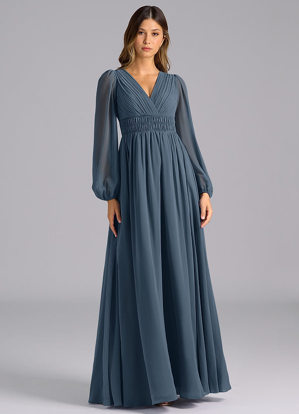 Azazie Palerma Bruidsmeisjes Jurken Jurk van Chiffon met A-Lijn Lange mouw Neptunus image1