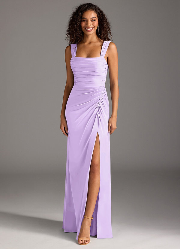 Azazie Jesaphine Vestidos Dama de Honor Vestido de Lila de Satén Elástico de Corte Recto con Lazo image1