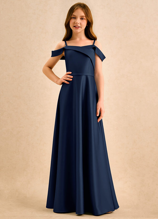 Azazie Jupie Girls Formal Vestidos de Niña de Flores Vestido de Azul Marino Oscuro de Satin Mate de Corte en A con Plisado image1