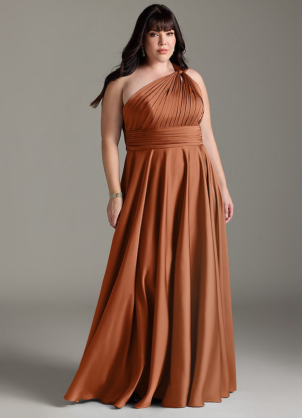 Azazie Charlize Bridesmaid Dresses Copper A-Line One Shoulder Stretch Satin Dress image1