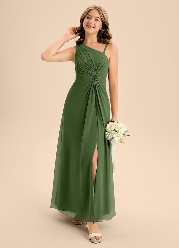 Azazie Brooke Junior Abito A-Line in Chiffon Spacco Laterale Oliva image1