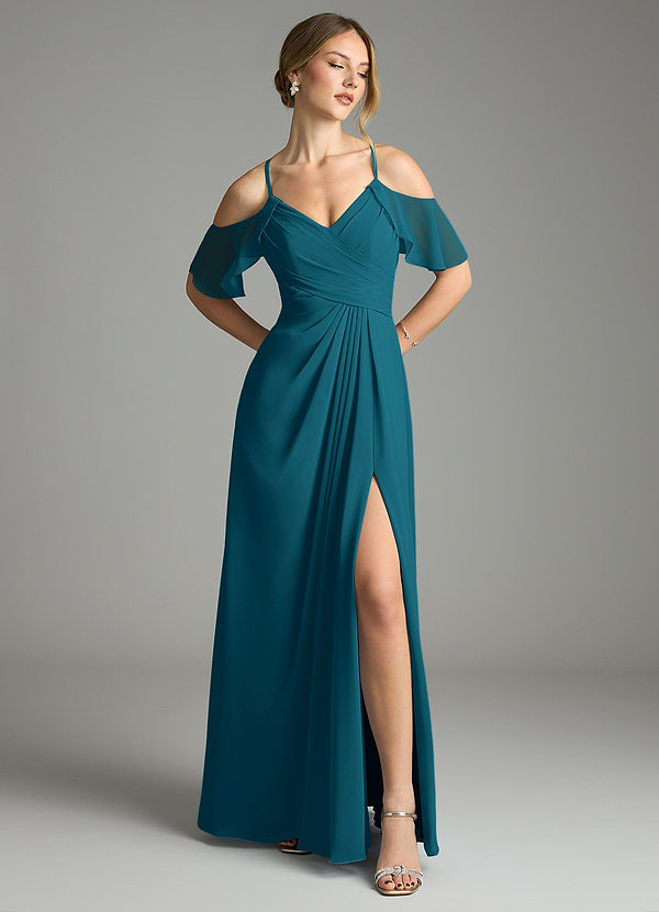 Azazie Dakota Bridesmaid Dresses Ink Blue A-Line V-Neck Pleated Chiffon Dress image1