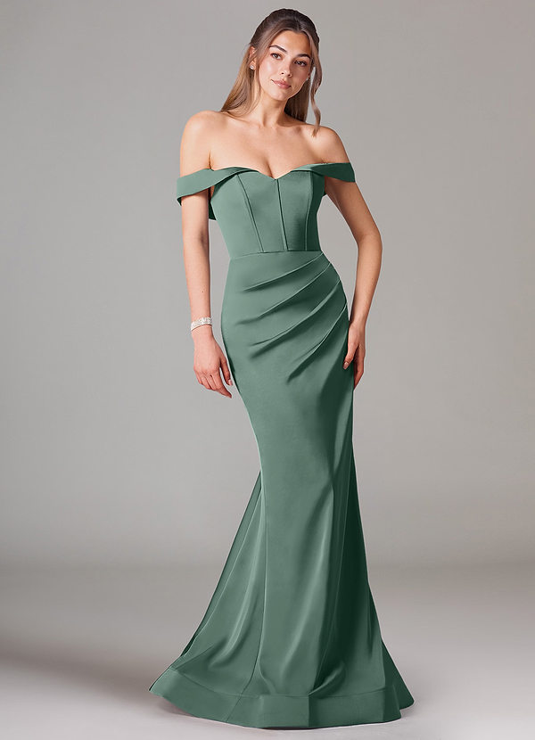Azazie Everly Bridesmaid Dresses Eucalyptus Mermaid Off the Shoulder Stretch Satin Convertible Dress image1