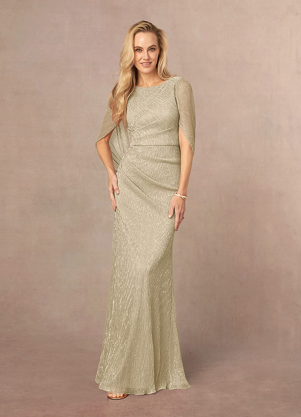 Azazie Paige Brautmutterkleider Etui Faltenumhang Metallisches Netz Kleid Champagner Gold image1