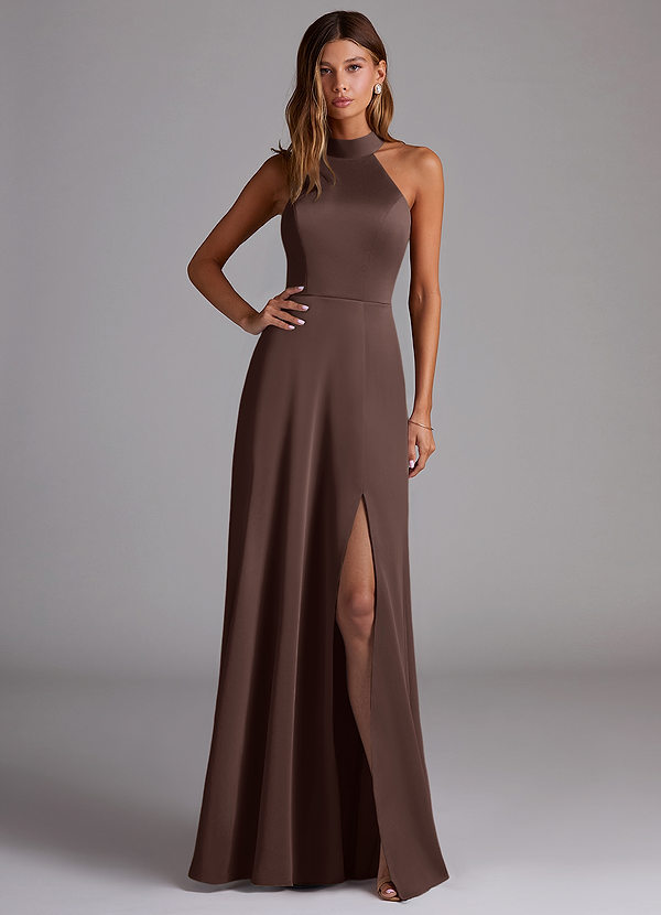 Azazie Myra Bridesmaid Dresses Ganache A-Line High Neck Stretch Satin Dress image1