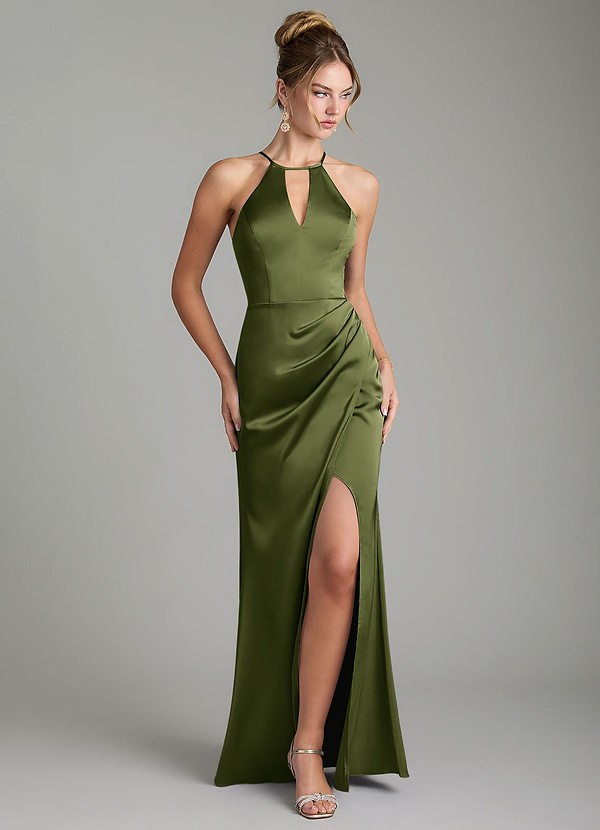 Azazie Aidyn Robes Demoiselle d'honneur Robe Fourreau en Satin extensible Plissée Olive image1