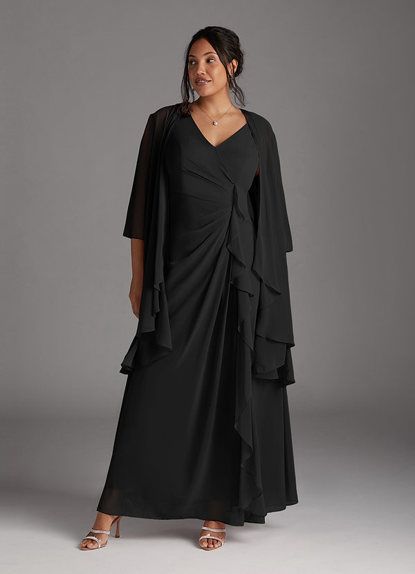 Azazie Manuella Mother of the Brides Dresses Black A-Line V-Neck Pleated Chiffon Dress image1
