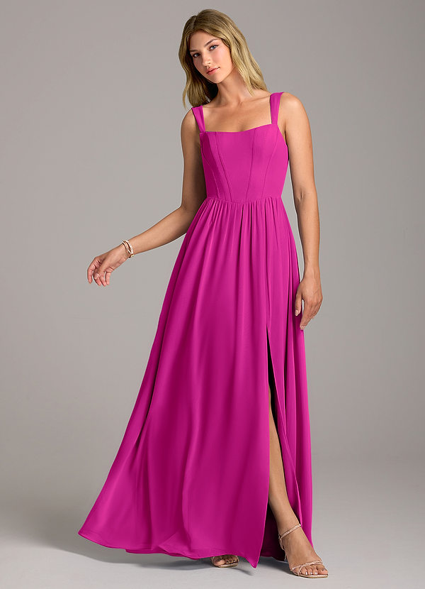 Azazie Rosaline Bridesmaid Dresses Fuchsia A-Line Side Slit Chiffon Dress image1