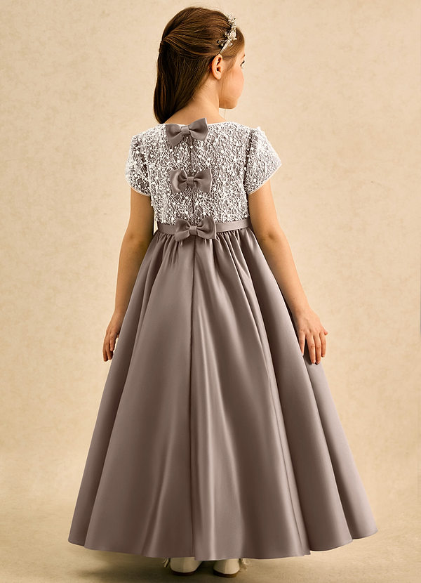 Azazie Cashew Flower Girl Dresses Taupe Ball-Gown with Sleeves Matte Satin Dress image1
