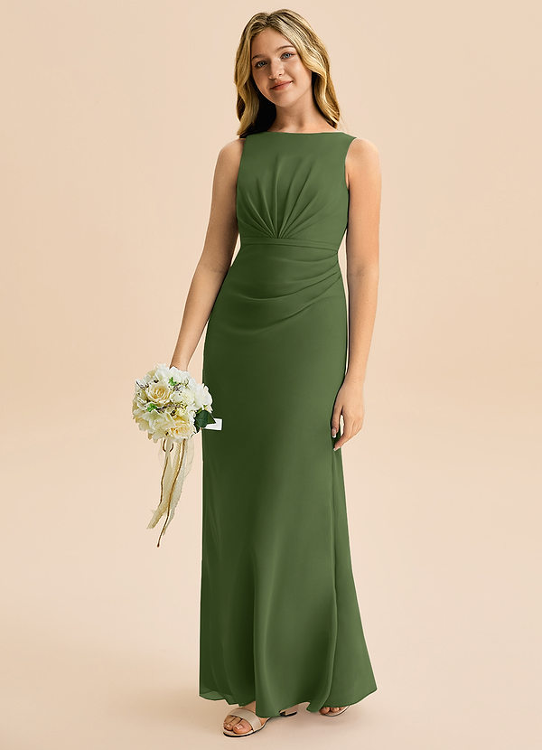 Azazie Floris Junior Robe Trapèze en Mousseline de soie Plissée Olive image1