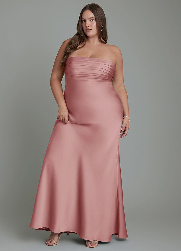 Azazie Saylor Bruidsmeisjesjurken Jurk van Stretch Satijn met Zeemeermin Strapless Stoffige Roos image1