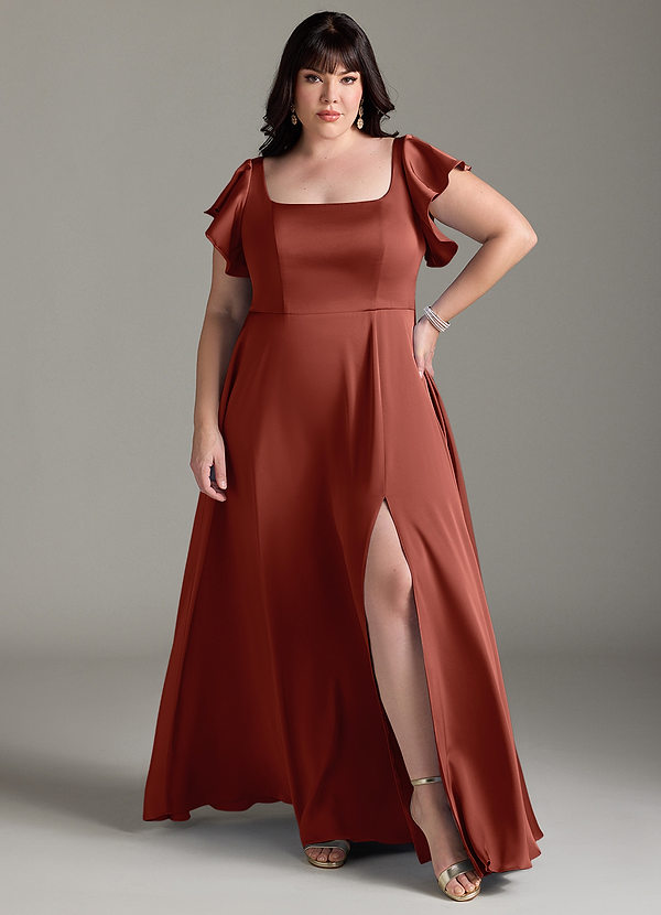 Azazie Bondi Robes Demoiselle d'honneur Robe Trapèze en Satin extensible Arc Terracotta image1