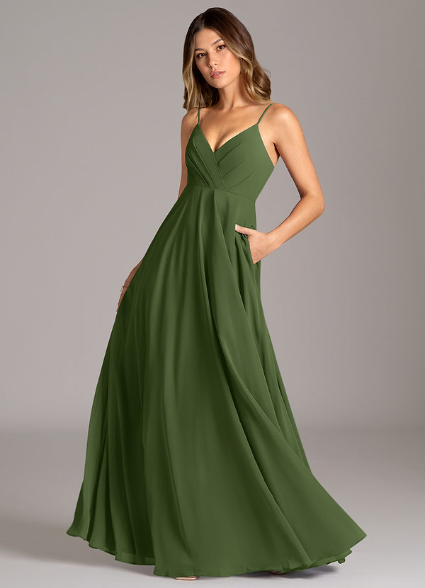Azazie Amani Bridesmaid Dresses Olive A-Line Pleated Chiffon Dress image1