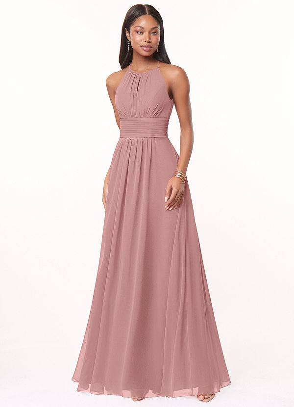 Azazie Bonnie Abiti da Damigella Abito A-Line in Chiffon Increspato con Schiena a Chiave Rosa Polverosa image1