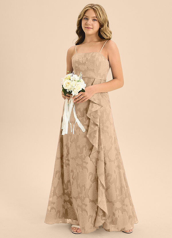 Azazie Kaylee Junior Champagne A-Line with Belt Floral Burnout Dress image1