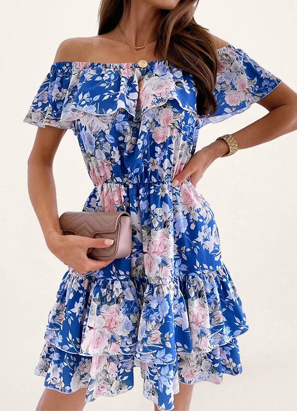 Candice Off Shoulder Long Sleeve Mini Dress - Blue Floral main image 0
