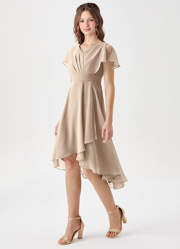 Azazie Graciela Junior Taupe A-Line Pleated Chiffon Dress image1