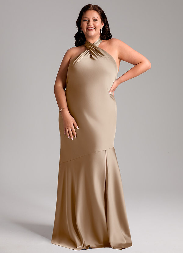 Azazie Lorena Robes Demoiselle d'honneur Robe Sirène en Satin extensible Plissée Taupe image1