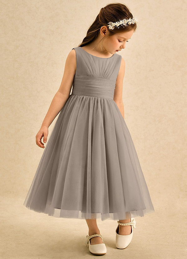 Azazie Macaron Blumenkinder Kleider A-Linie Plissee Tüll Kleid Taupe image1