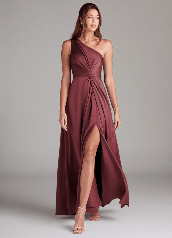 Azazie Brooke Vestido Invitada Boda Vestido de Merlot de Satén Elástico de Corte en A con Hombro unilateral image1