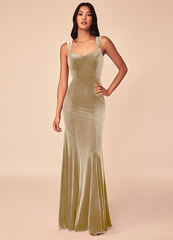 Azazie Lanessa Bridesmaid Dresses Golden Tan Mermaid V-Neck Keyhole Back Velvet Dress image1