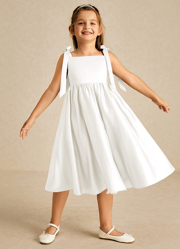 Azazie Chelsie Flower Girl Dresses Ivory A-Line Bow Matte Satin Dress image1