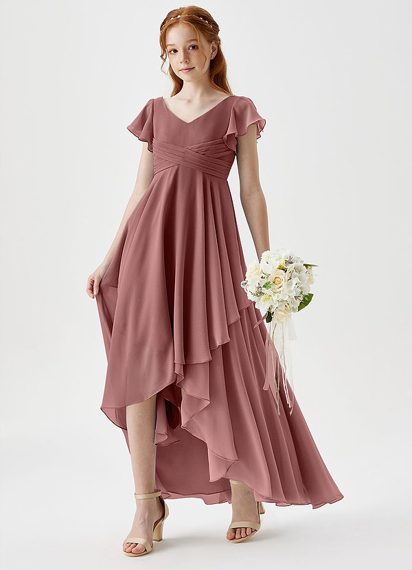 Azazie Caria Junior Desert Rose A-Line Pleated Chiffon Dress image1