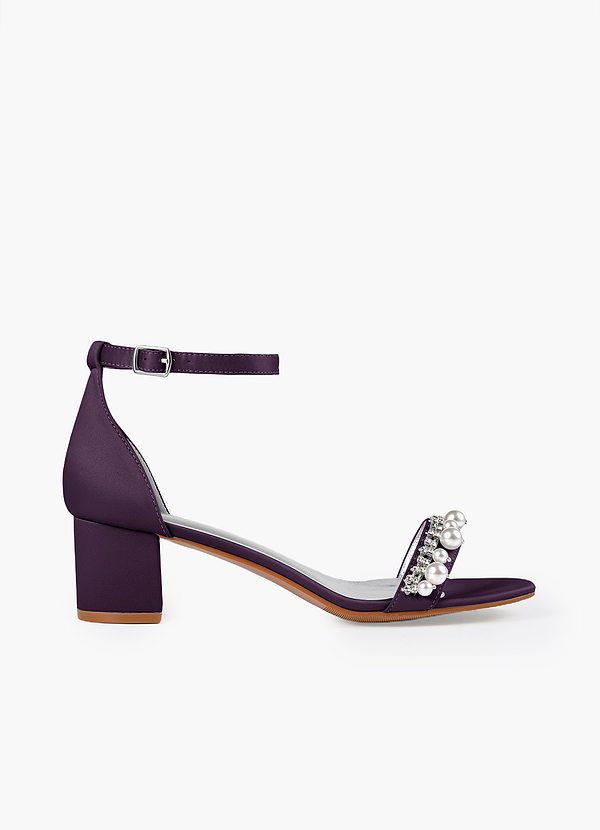 front Matching Color Matte Satin Pearl and Rhinestone Block Heel Sandals