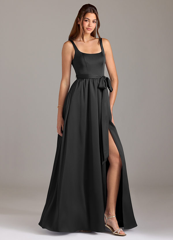 Azazie Elliott Bridesmaid Dresses Black A-Line with Pockets Stretch Satin Dress image1